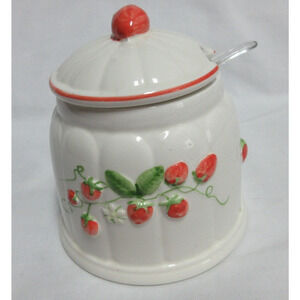 Vintage Josep White Strawberry Jam Jar Jelly Sugar Ceramic Lid Spoon 4"x3" Y2K